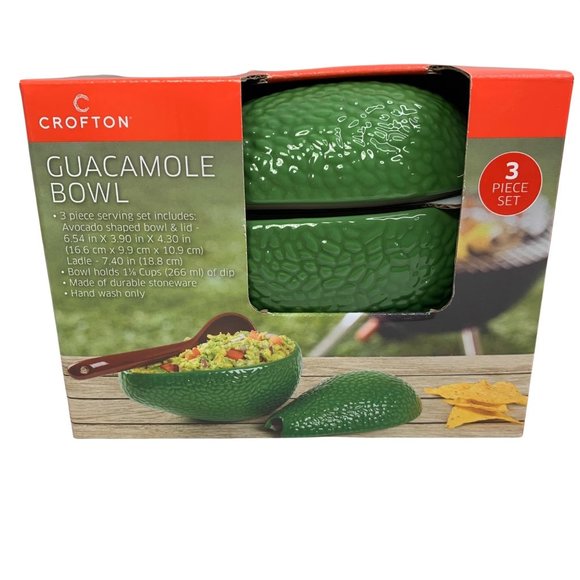 Crofton Guacamole Bowl 3 Piece Set Stoneware Avocado Shaped with Lid Ladle New - Picture 1 of 5